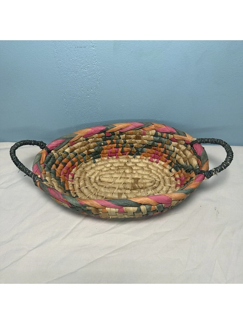 Vintage Hand Woven Oval Seagrass Basket Bowl Boho Two Handles Pink Teal Orange
